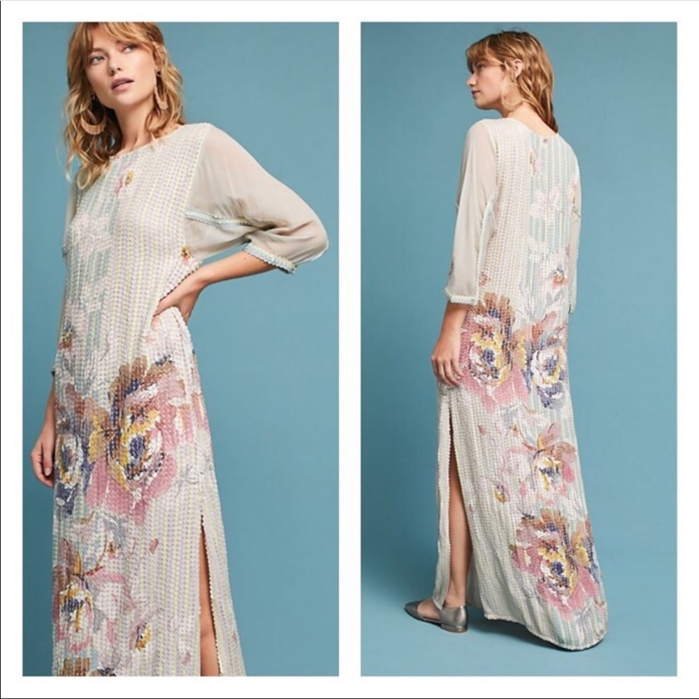 Anthropologie Embellished Floral Column Dress
